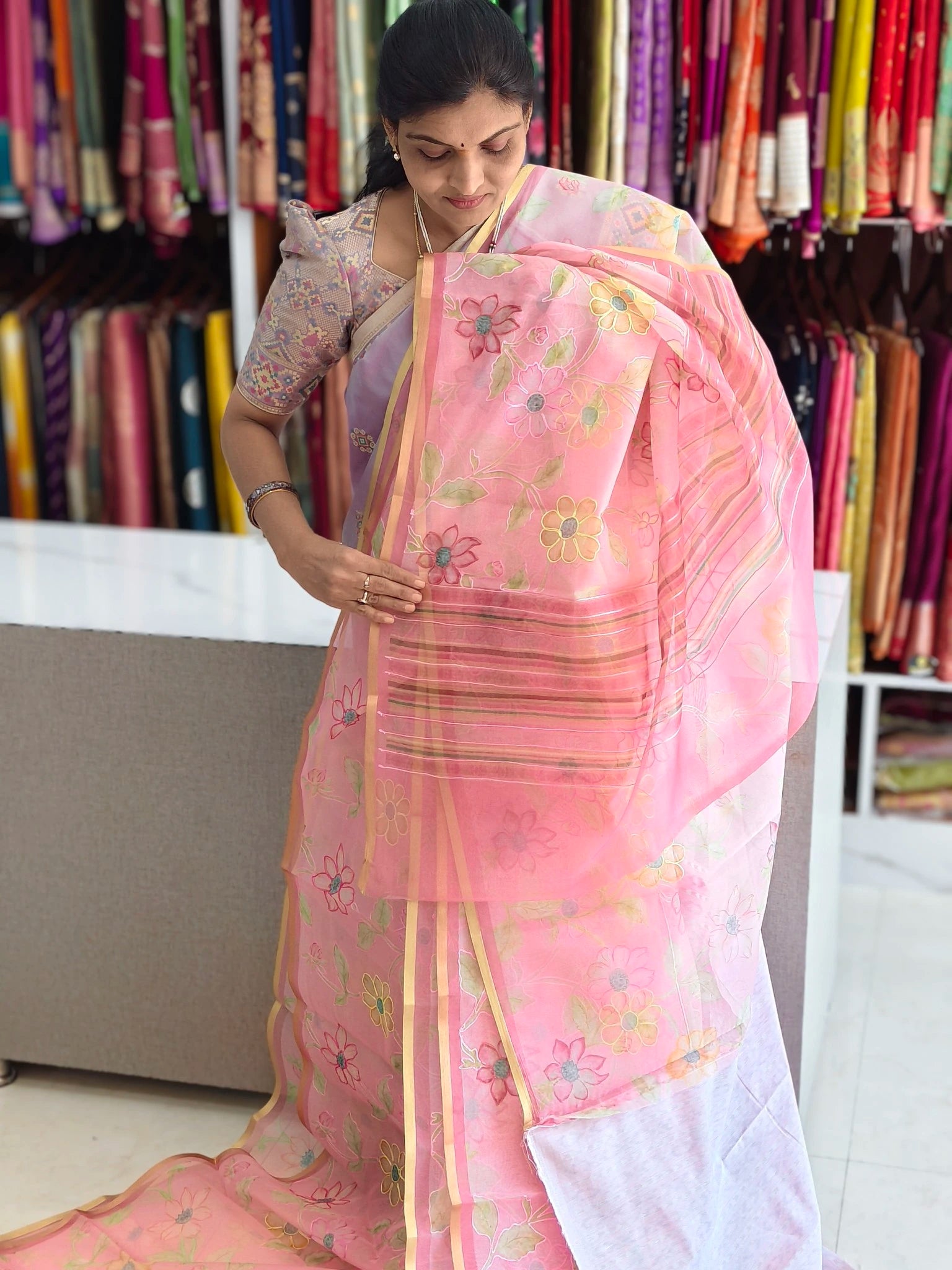 Organza aplic work saree