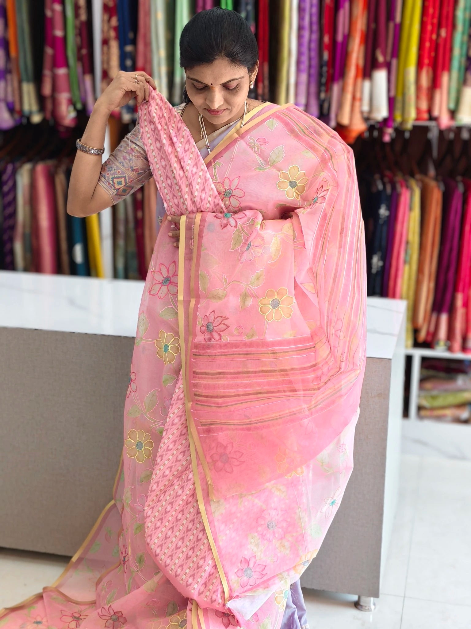 Organza aplic work saree