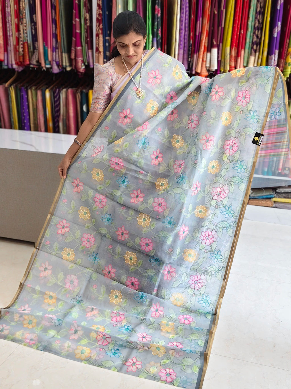 Organza aplic work saree