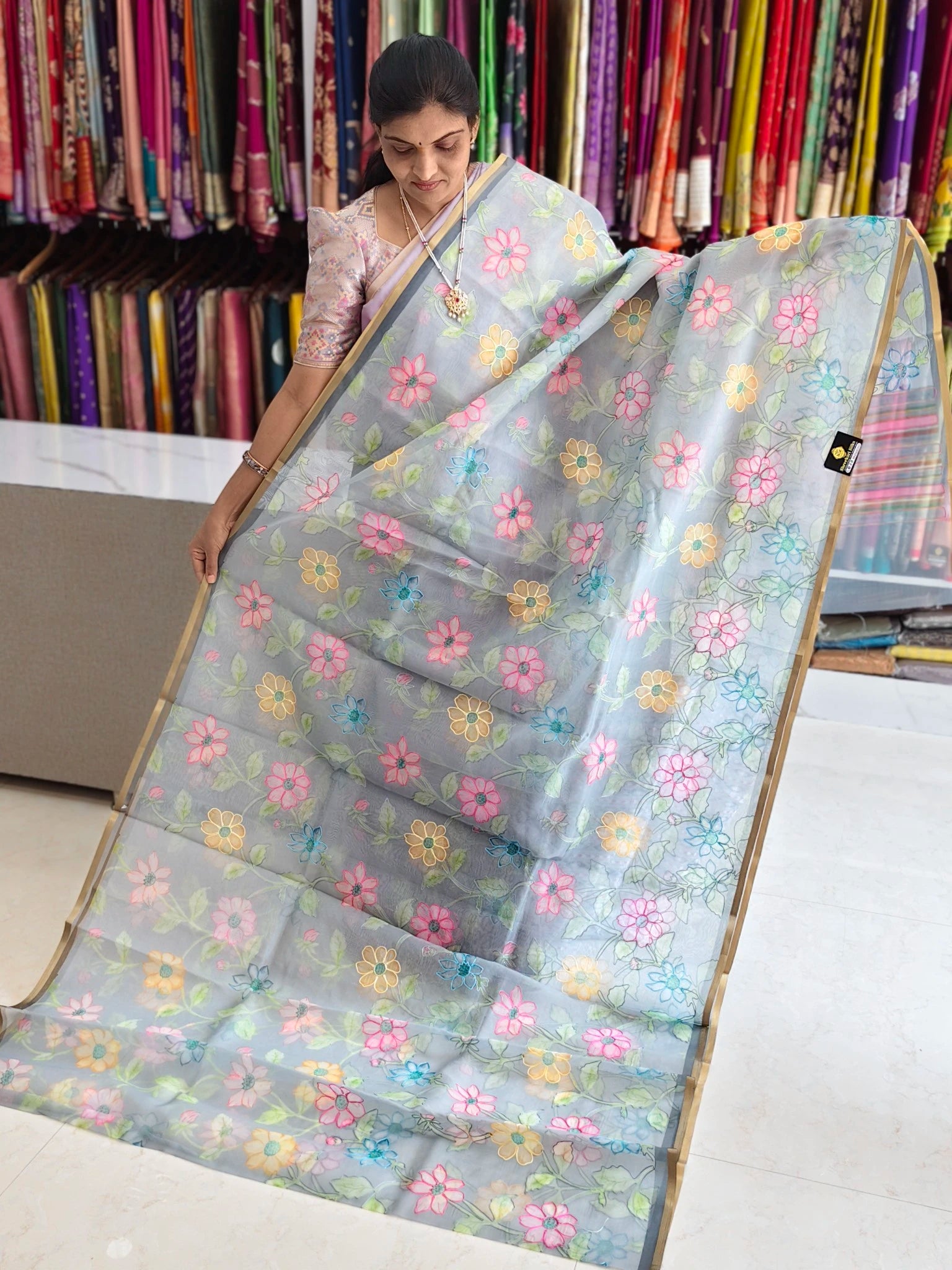 Organza aplic work saree