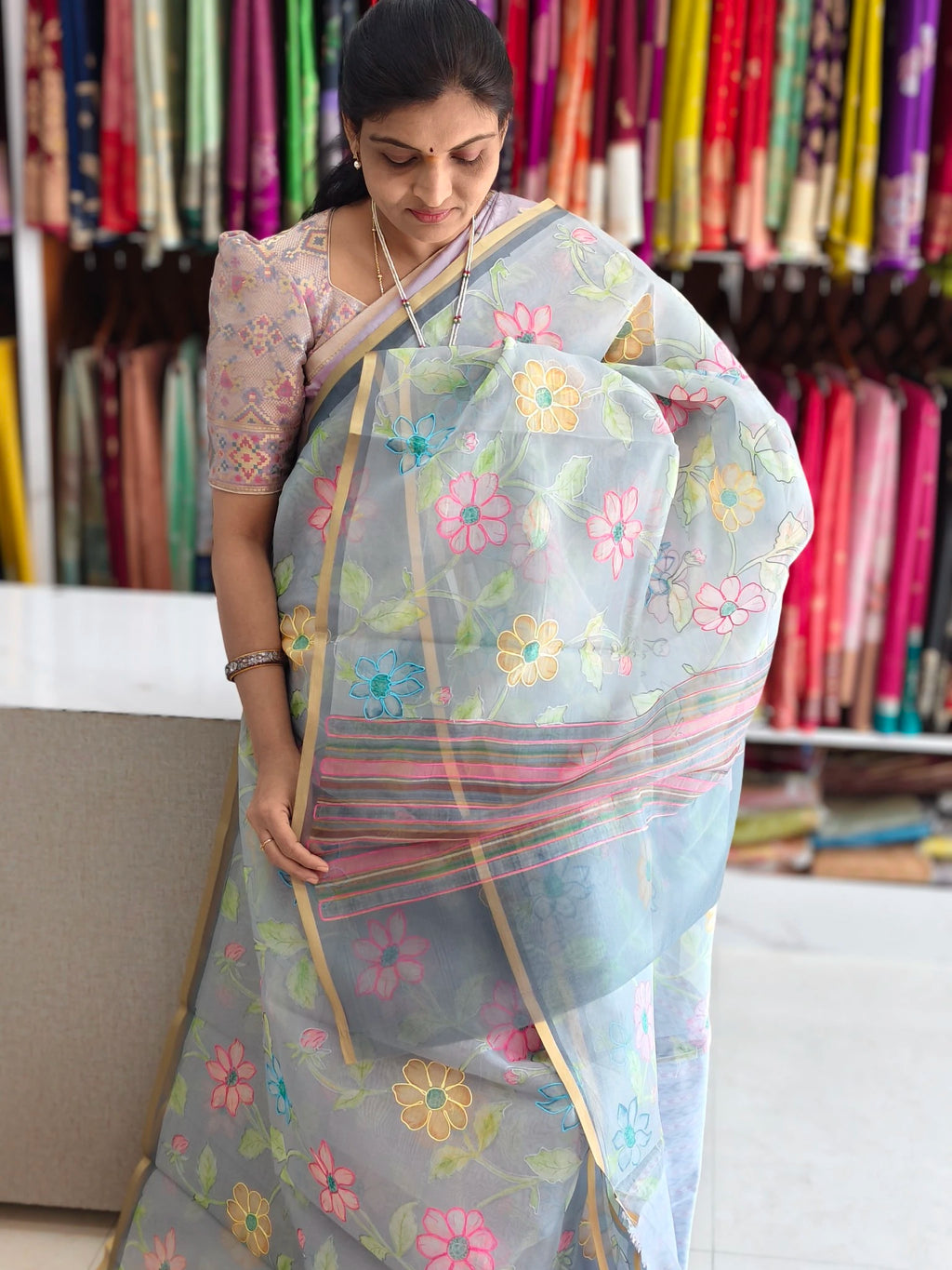 Organza aplic work saree