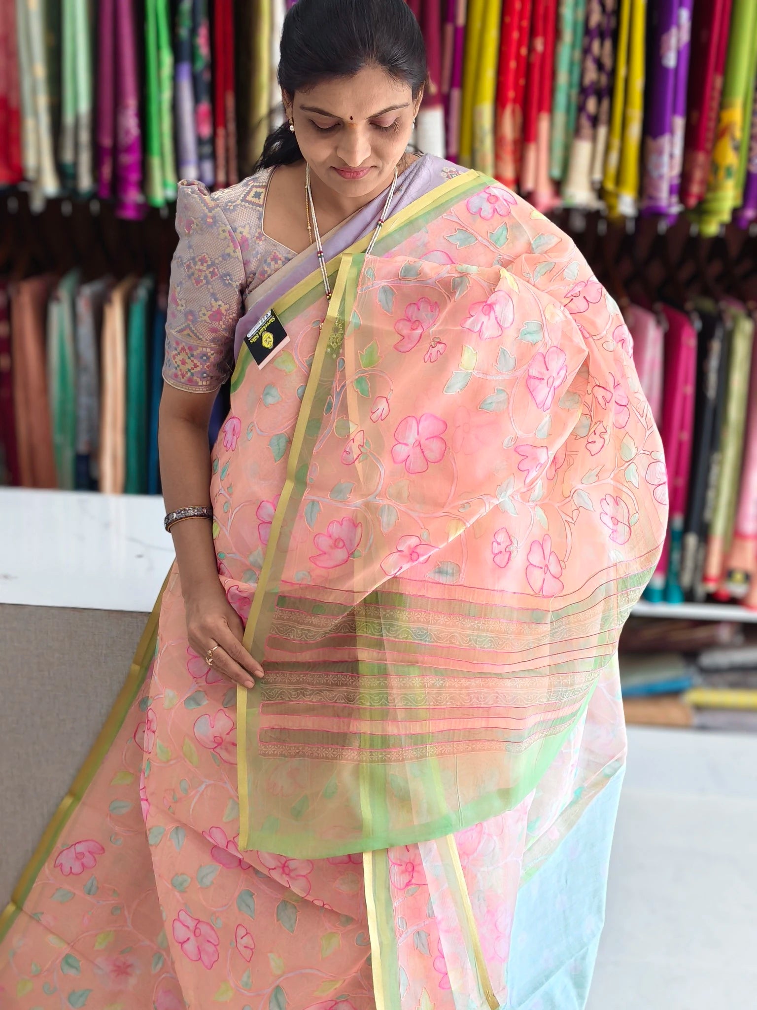 Organza aplic work saree