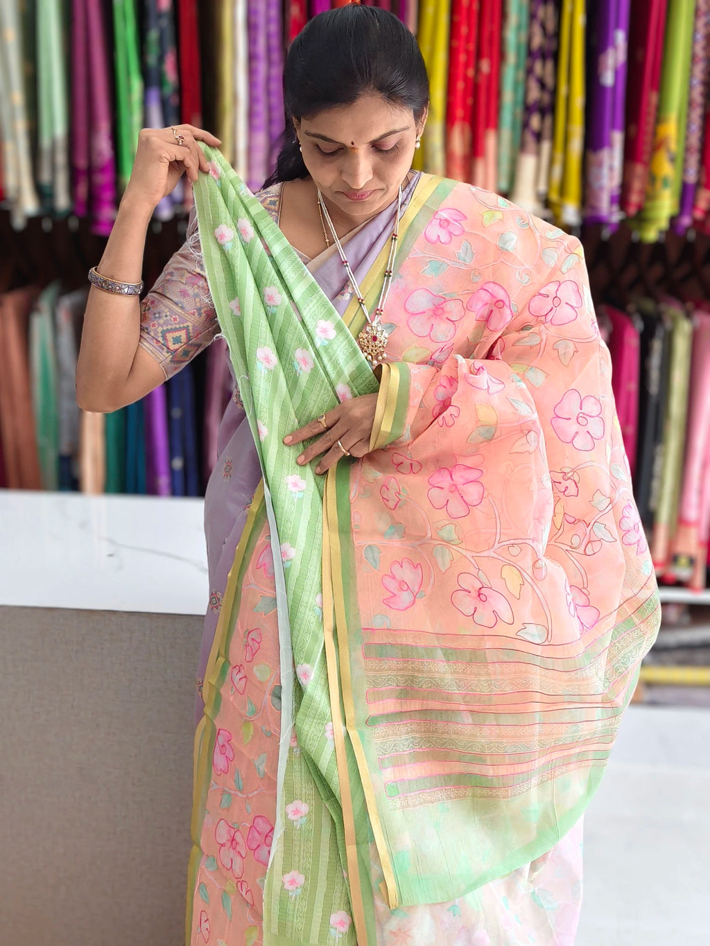 Organza aplic work saree