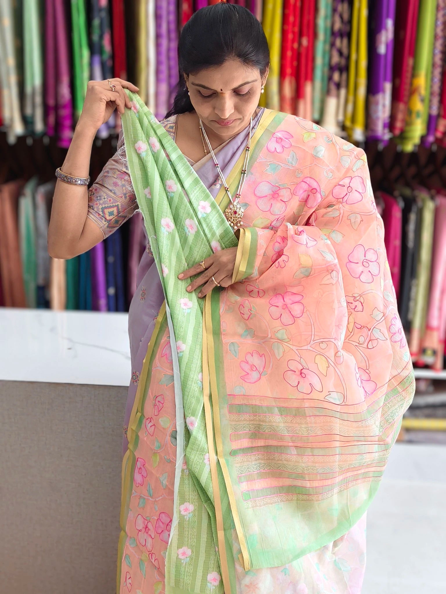 Organza aplic work saree