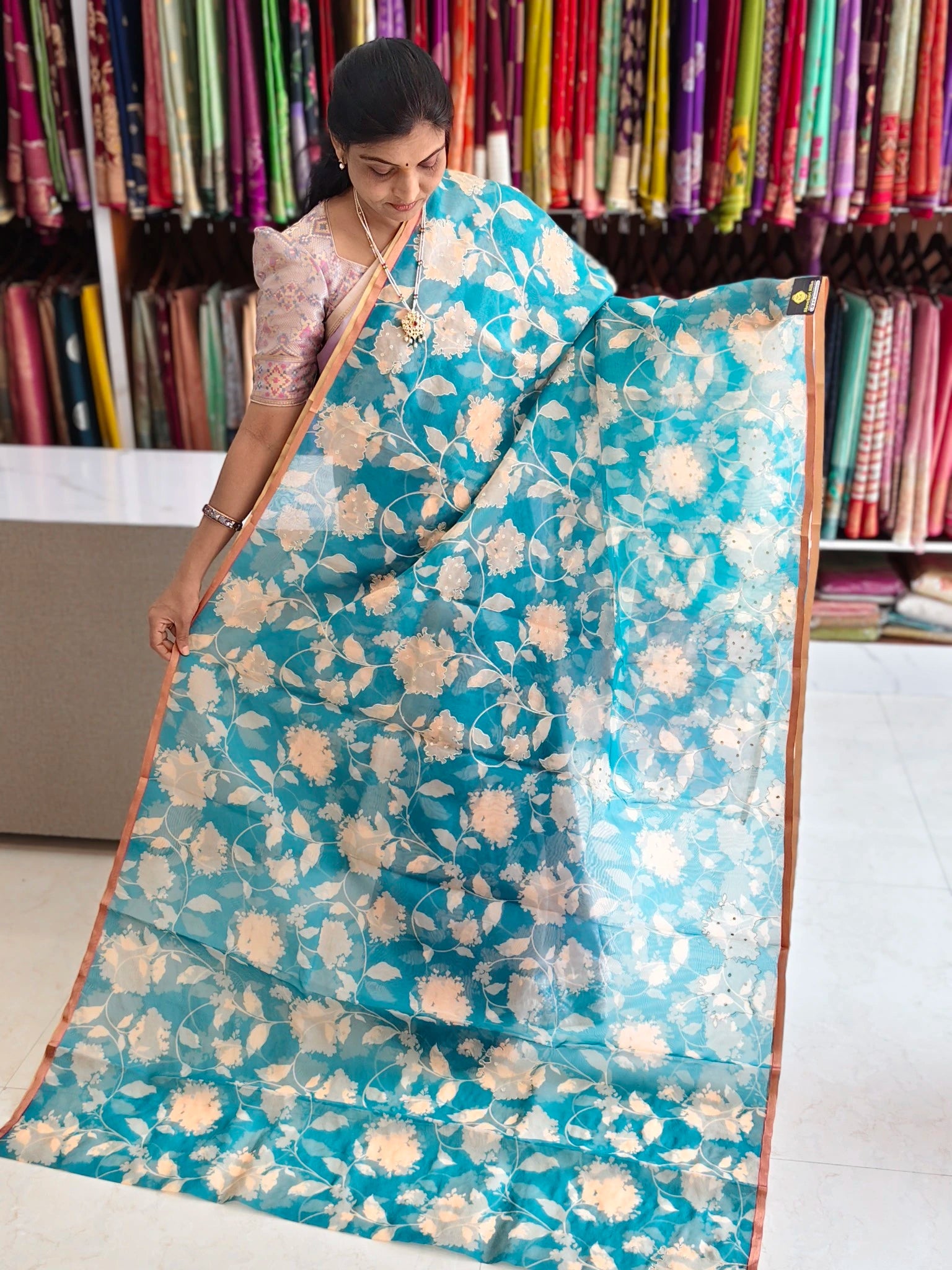 Organza aplic work saree