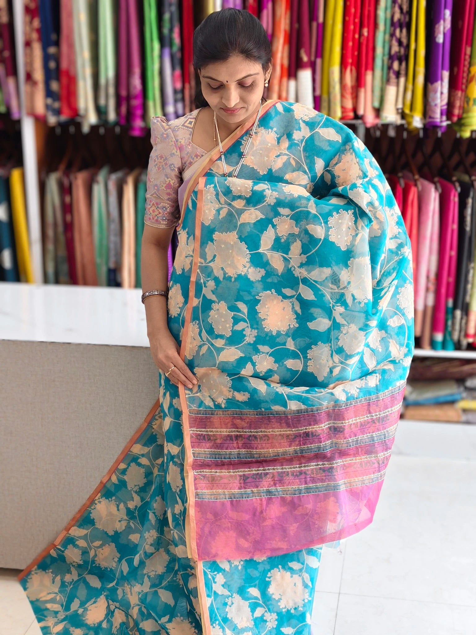 Organza aplic work saree