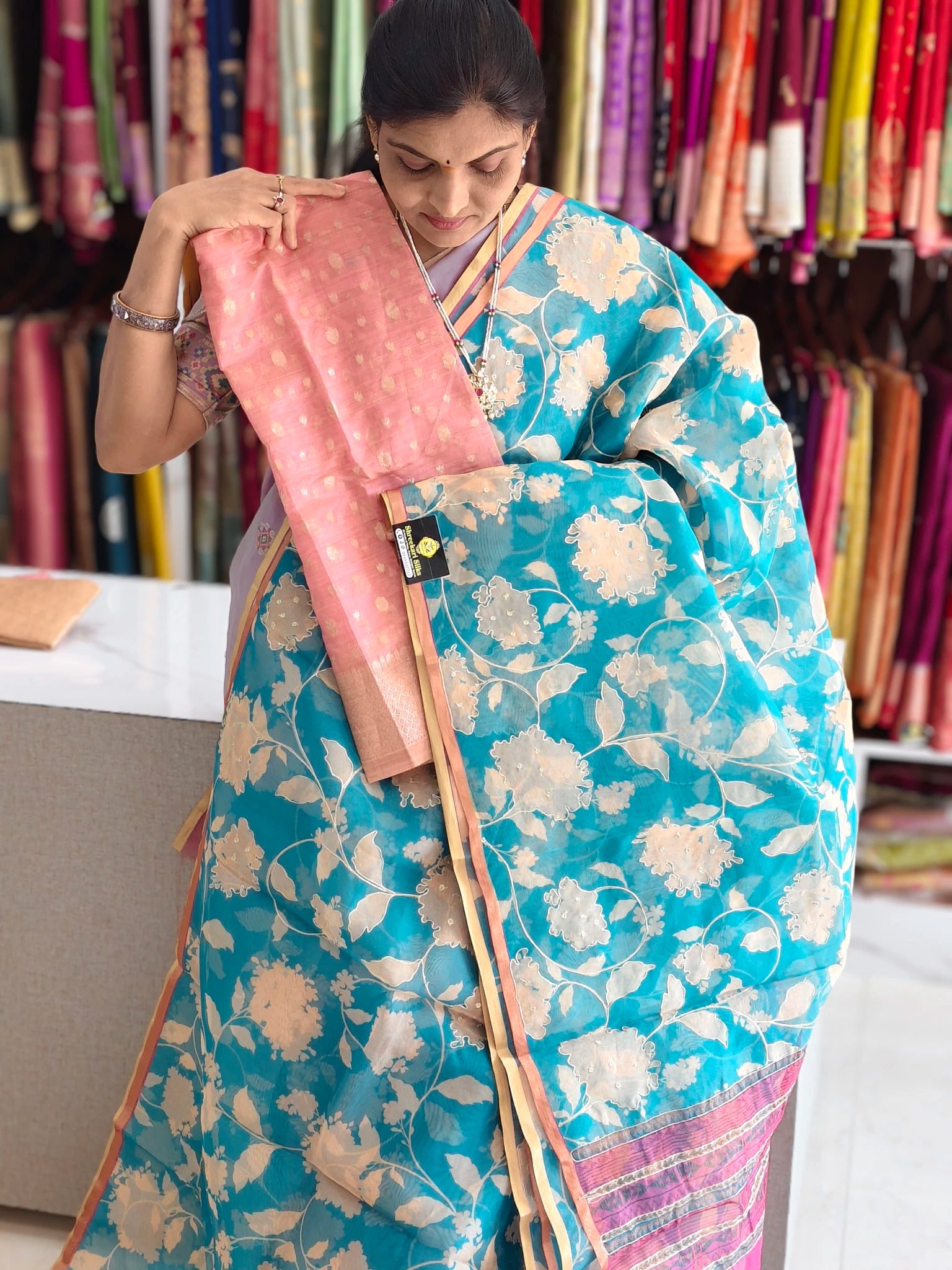 Organza aplic work saree