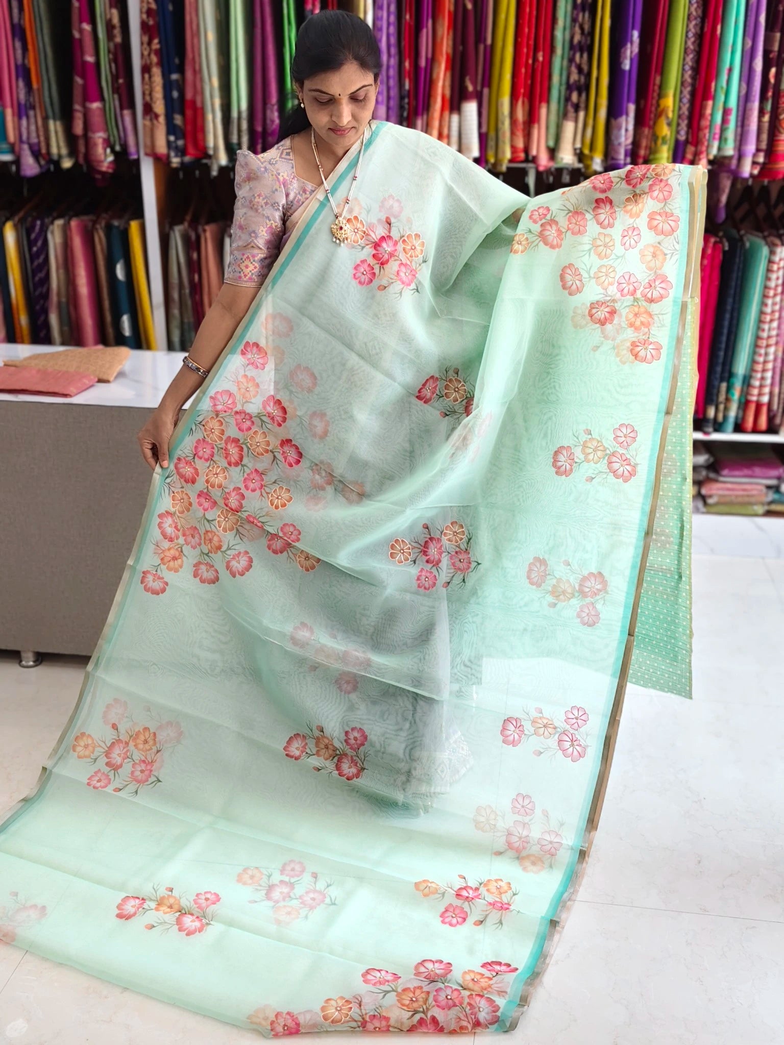 Organza aplic work saree