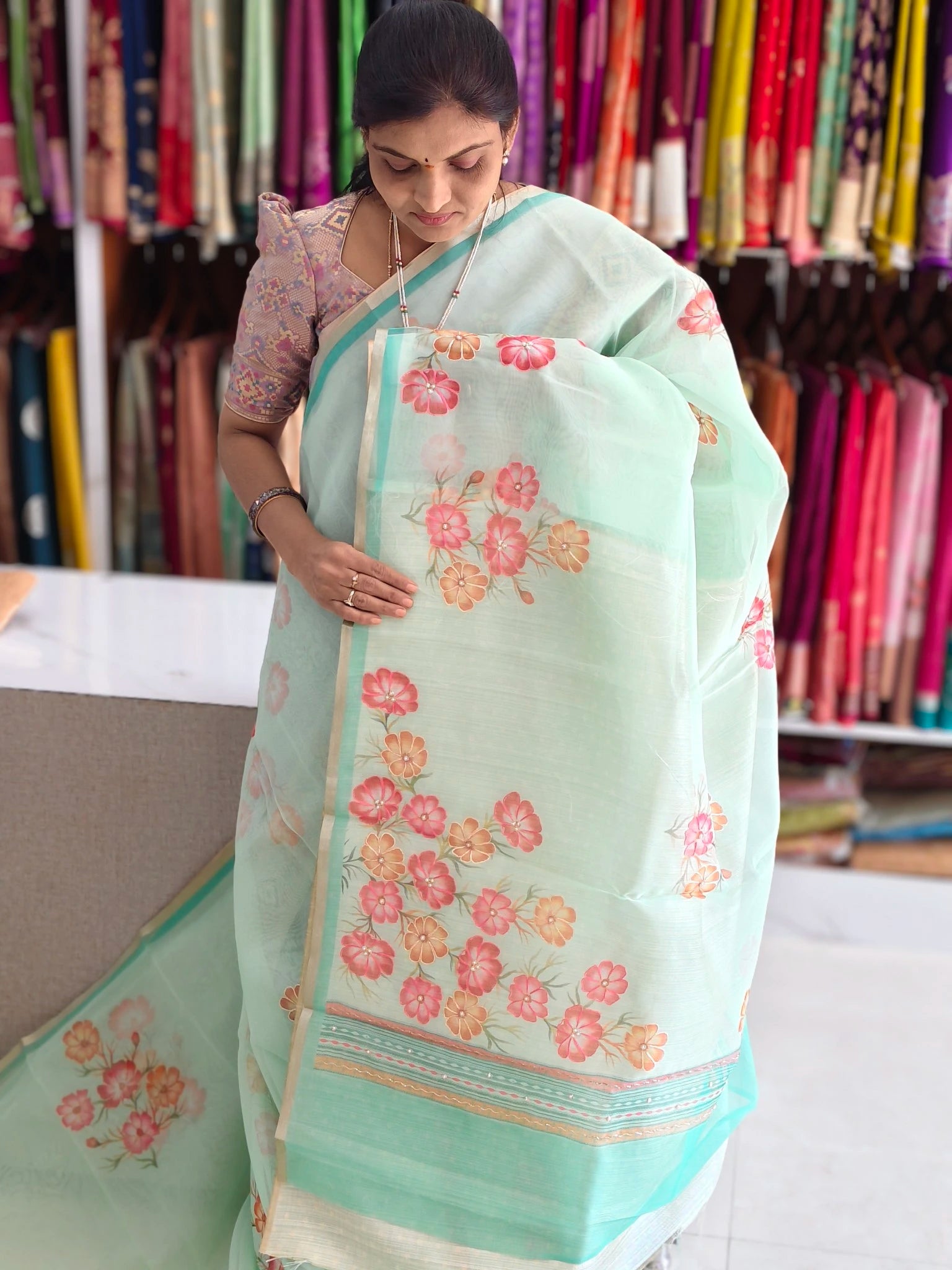 Organza aplic work saree