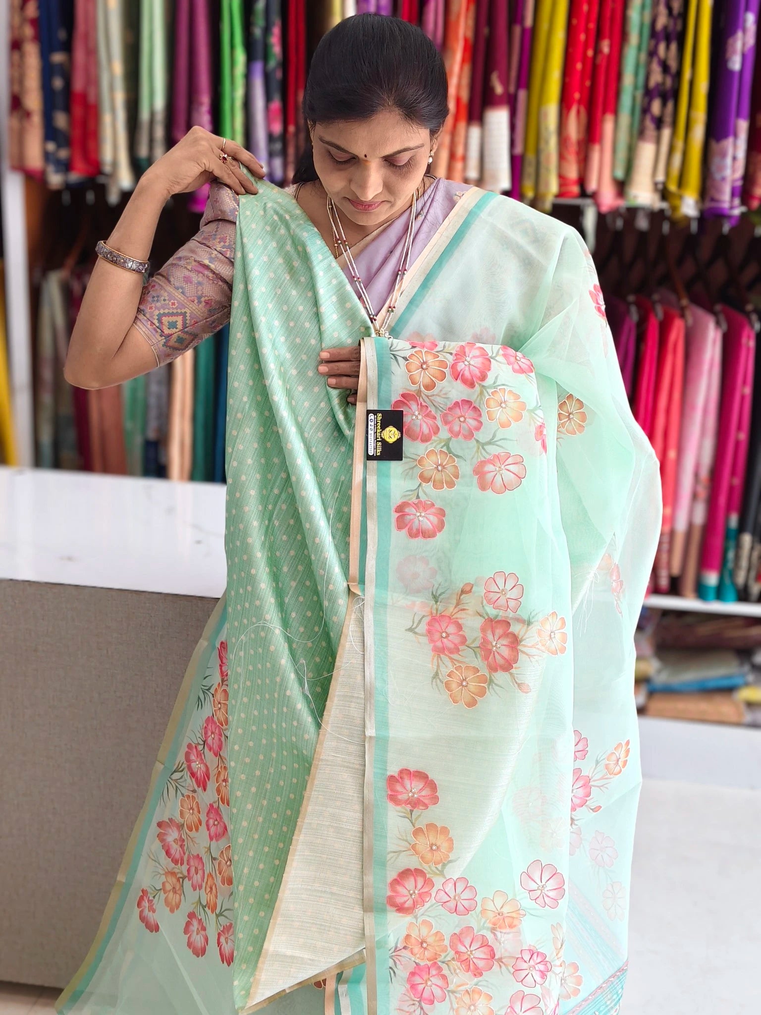 Organza aplic work saree