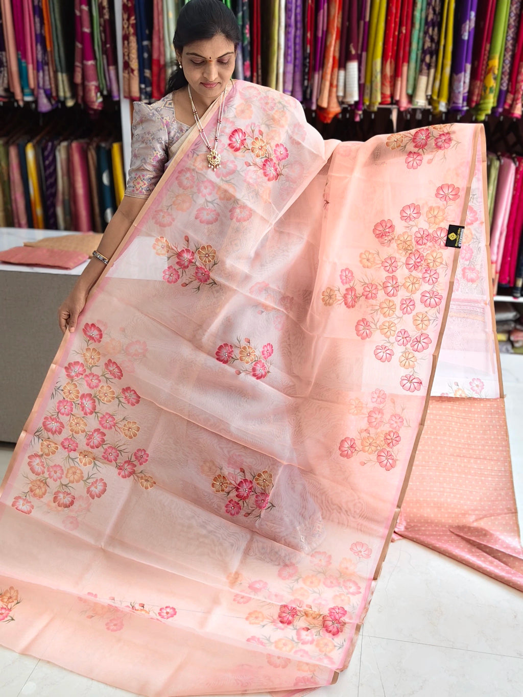 Organza aplic work saree