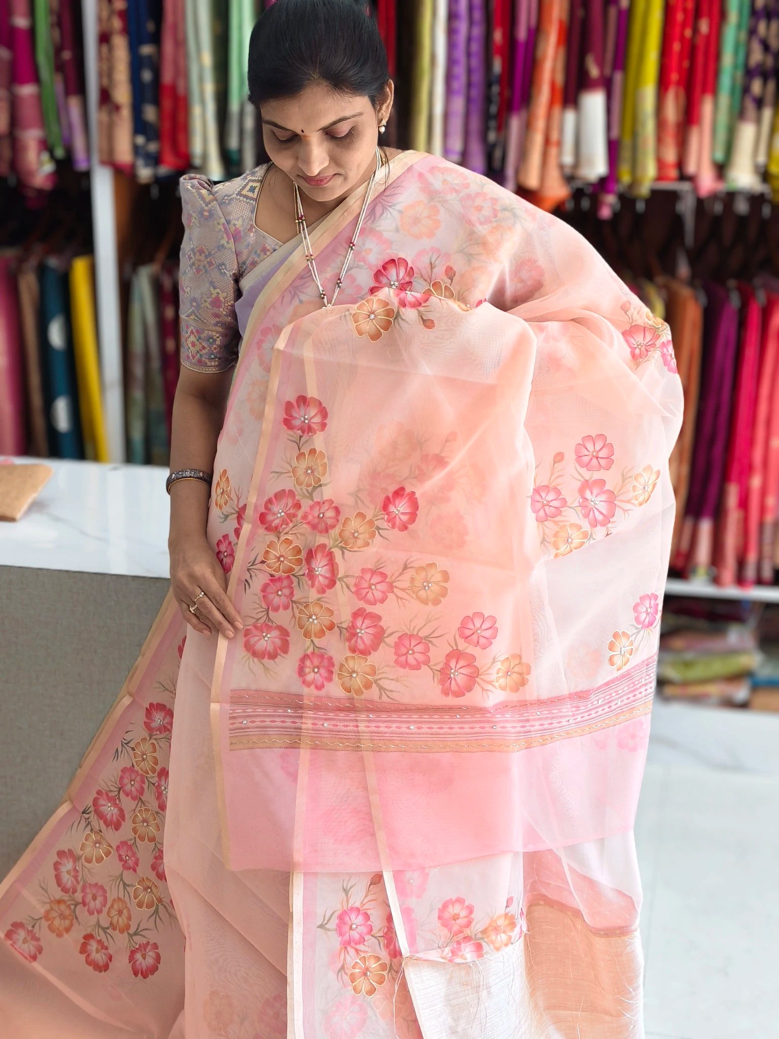 Organza aplic work saree