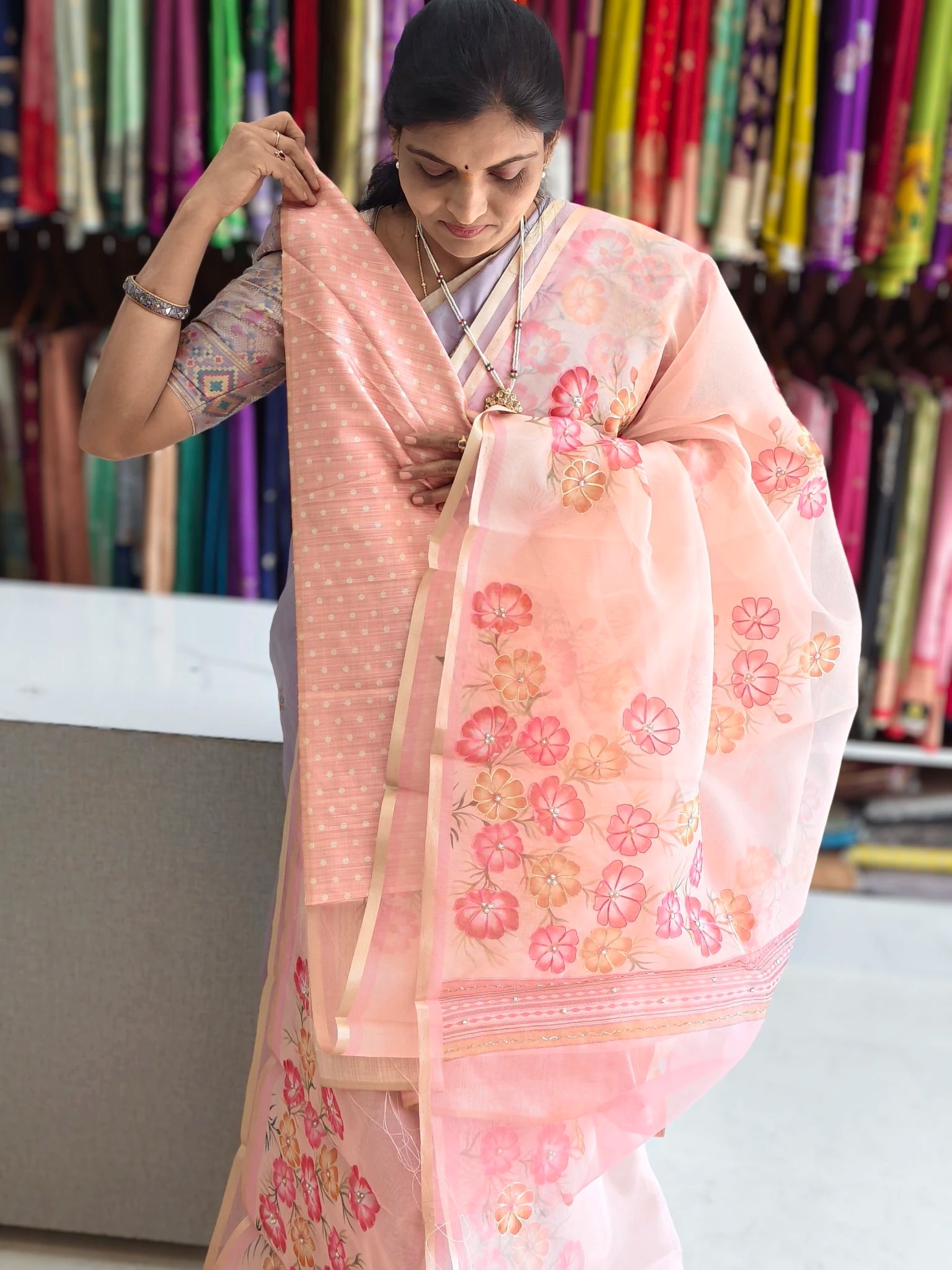 Organza aplic work saree