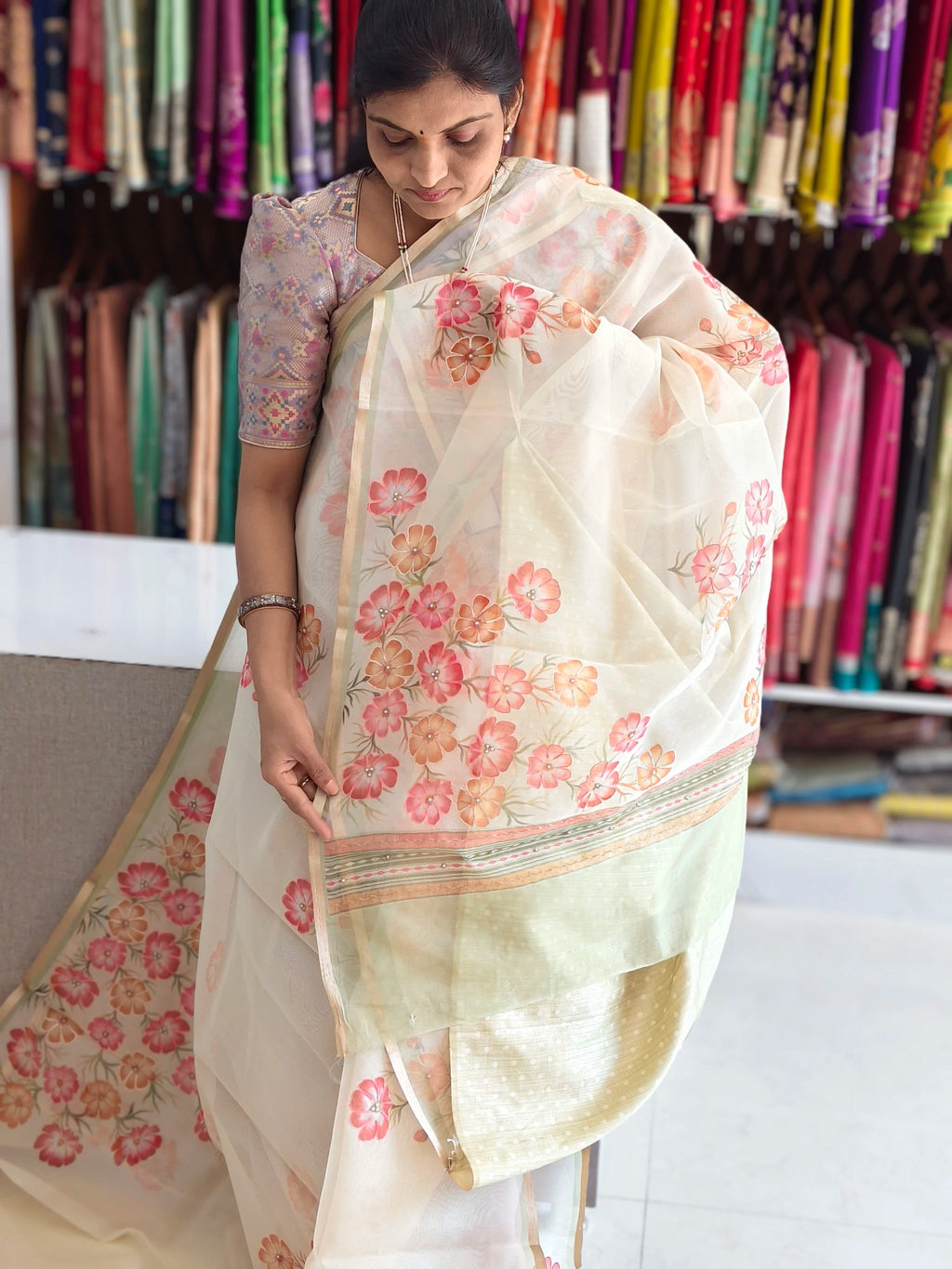 Organza aplic work saree