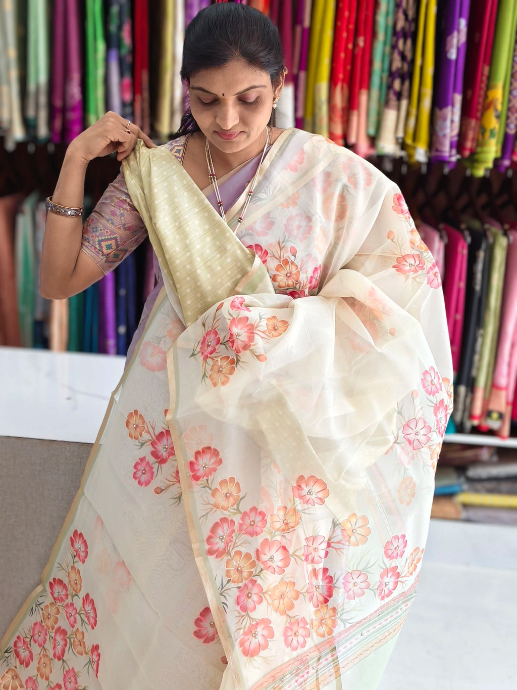 Organza aplic work saree