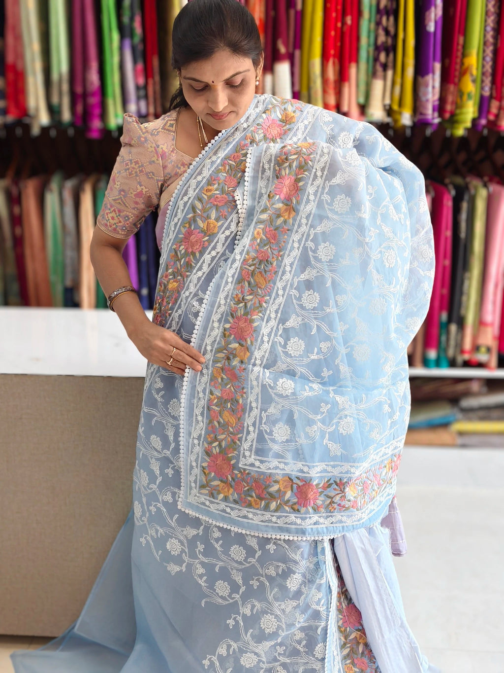 Kora Banarasi allover embroidery work saree