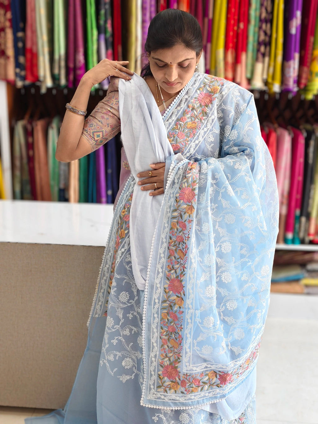 Kora Banarasi allover embroidery work saree