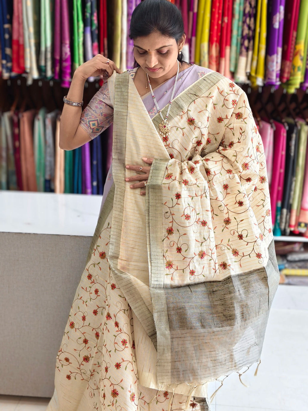 Tissue kota embroidery work saree