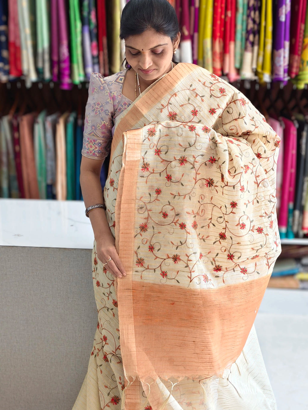 Tissue kota embroidery work saree