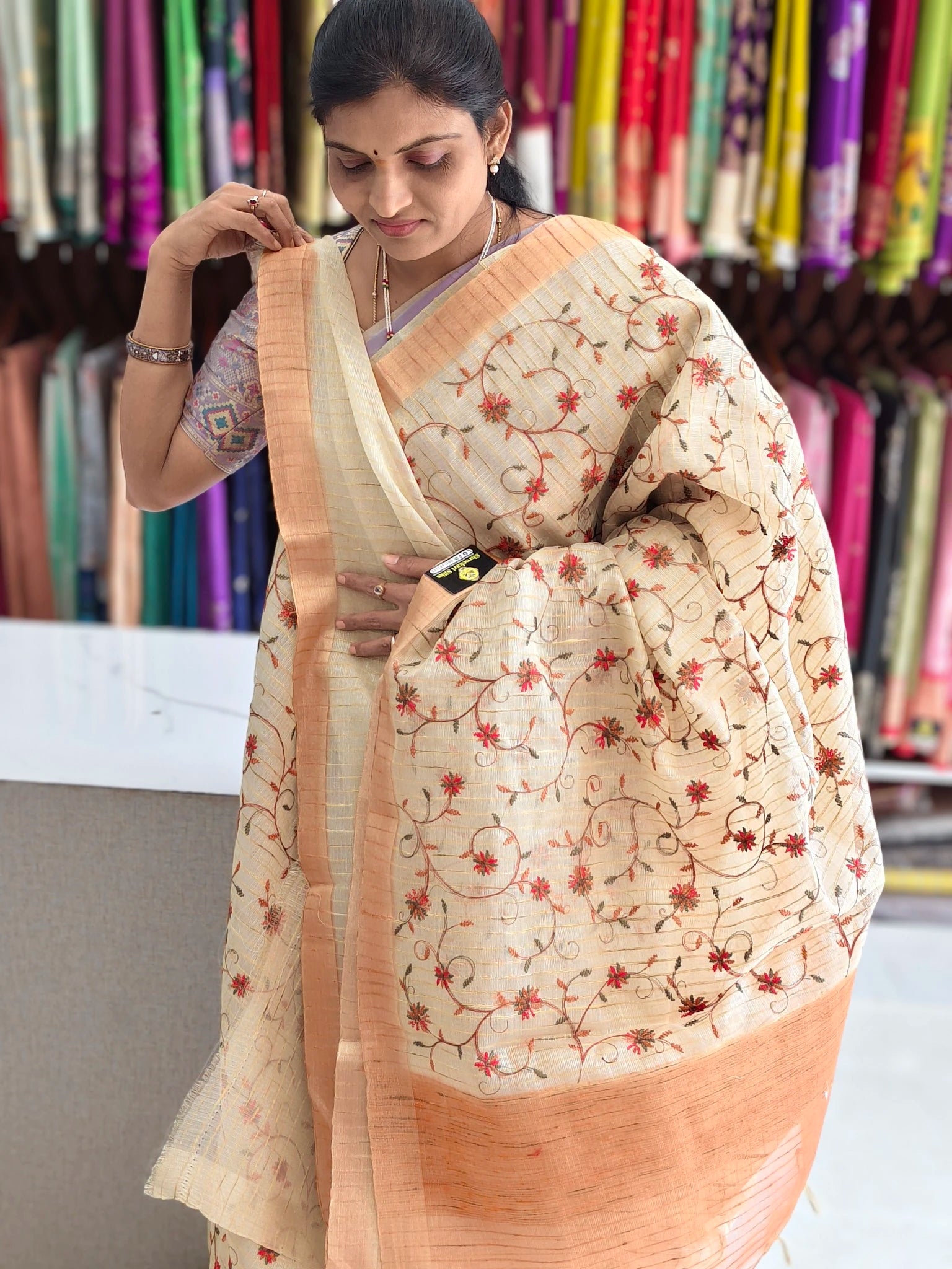 Tissue kota embroidery work saree