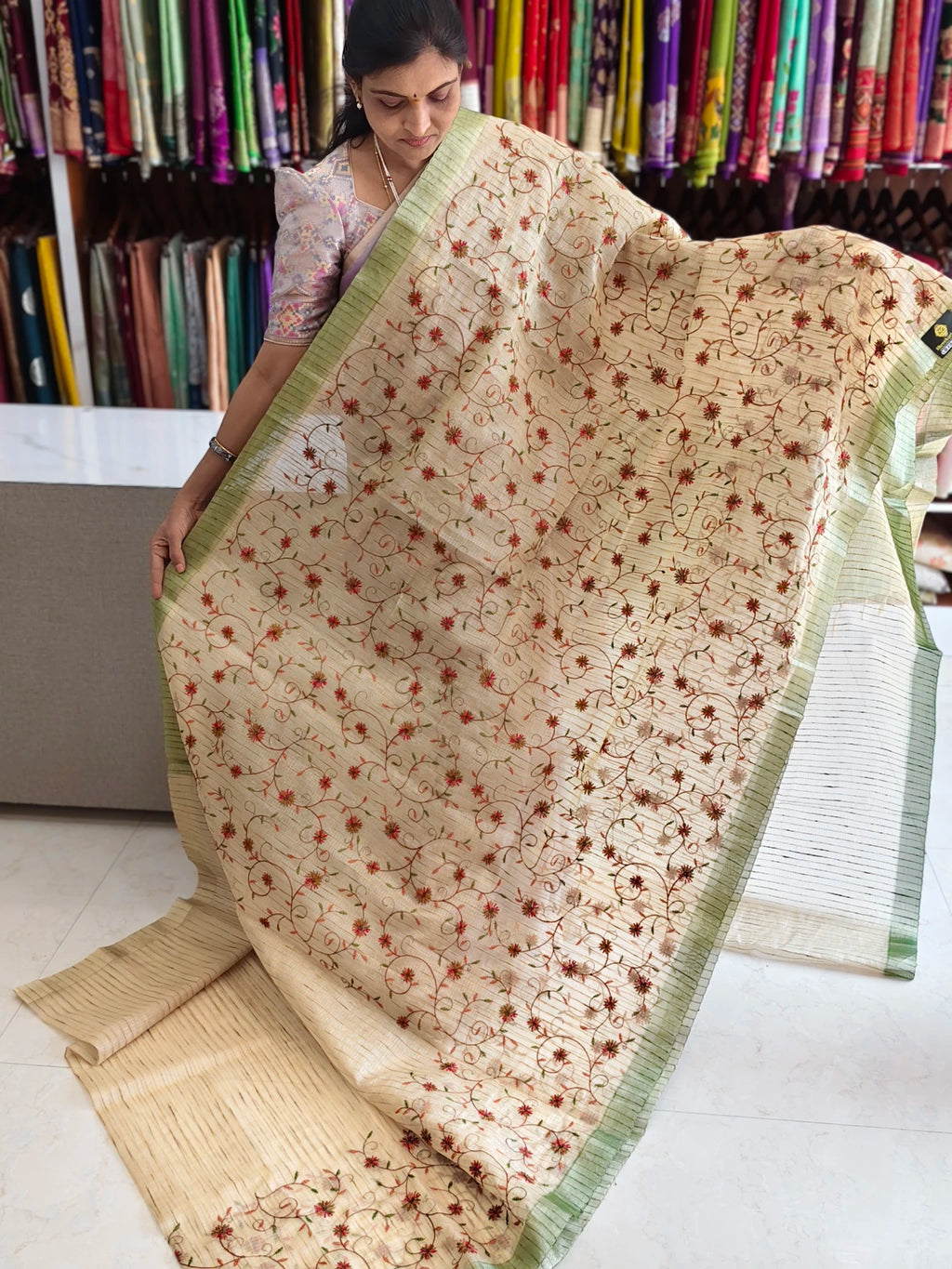 Tissue kota embroidery work saree