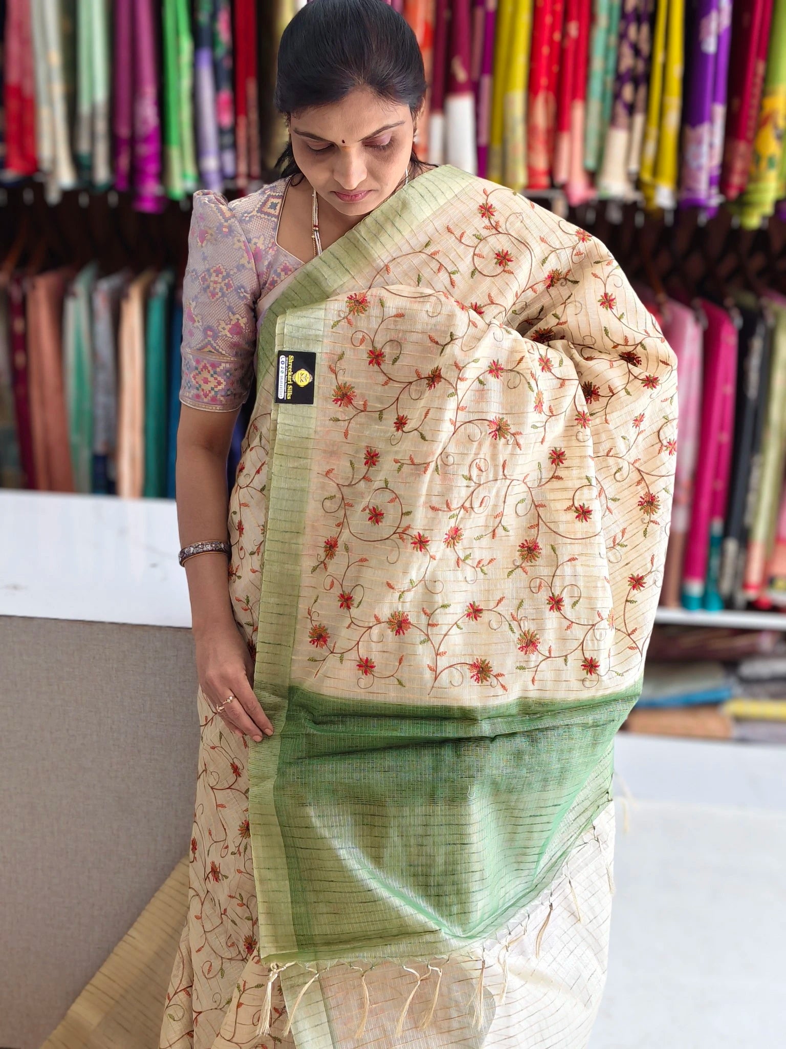 Tissue kota embroidery work saree