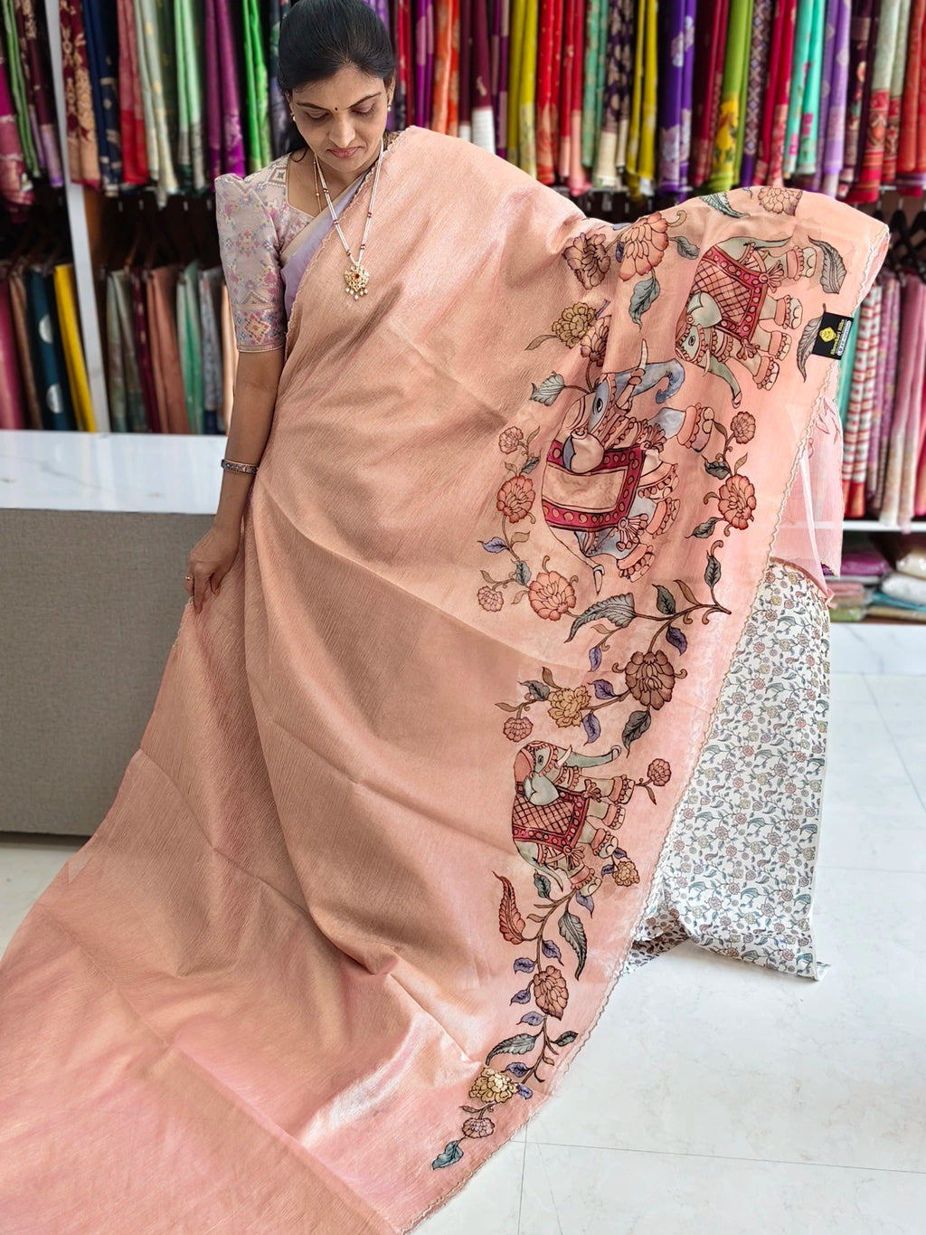 Crush kalamkari aplic work saree