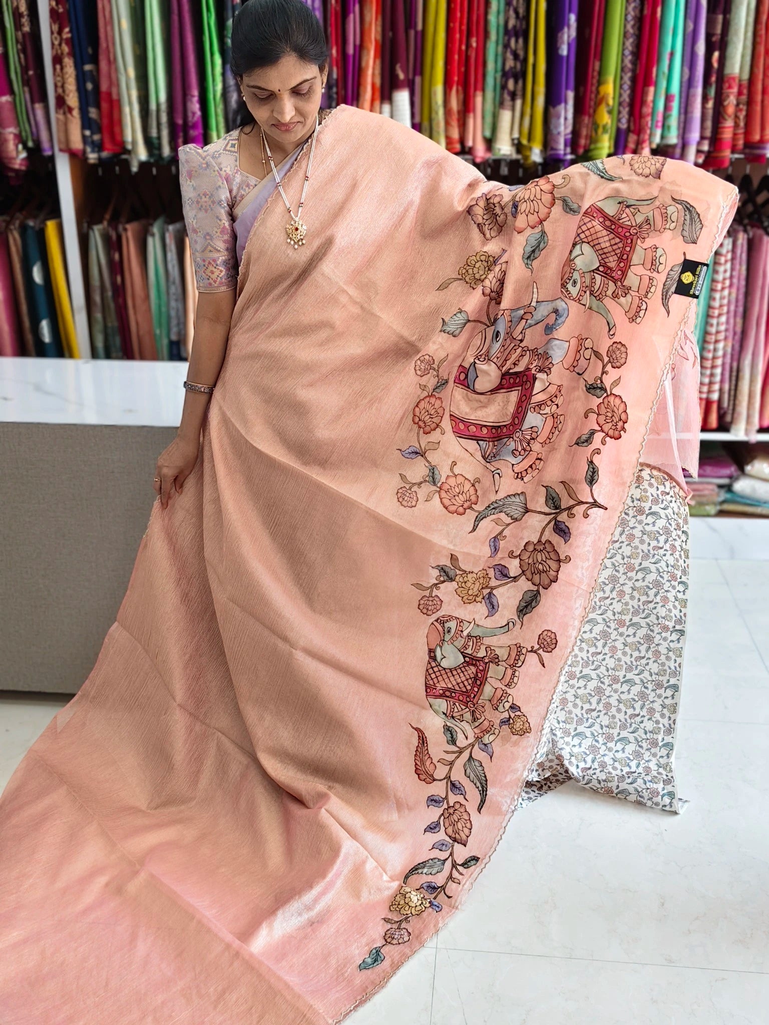 Crush kalamkari aplic work saree