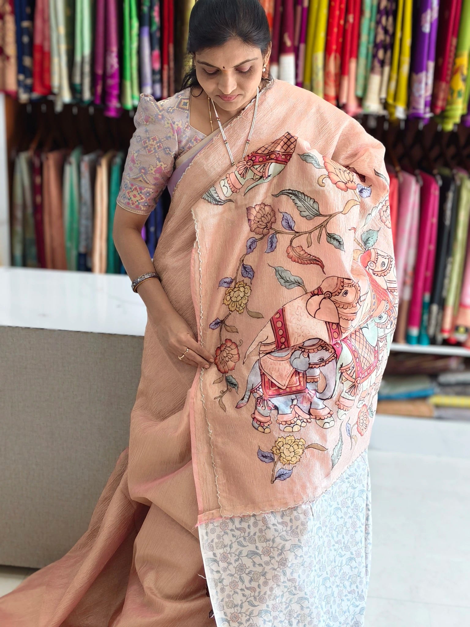 Crush kalamkari aplic work saree