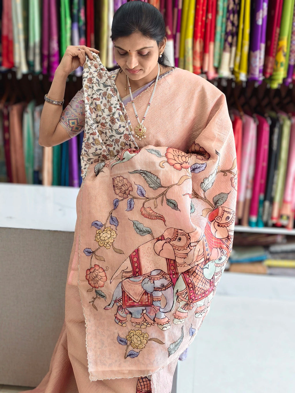 Crush kalamkari aplic work saree