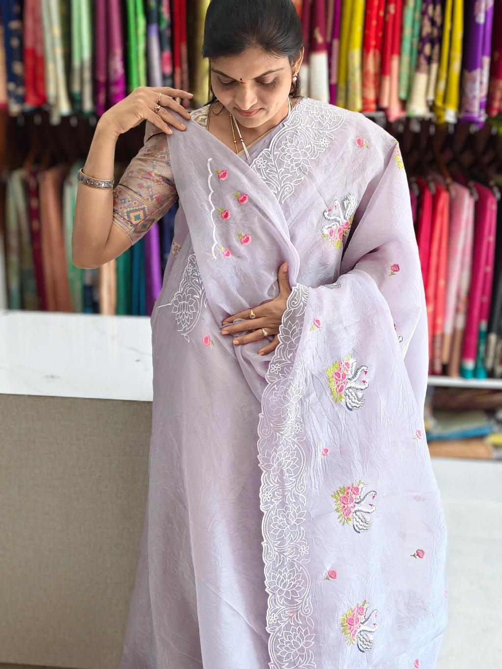 Space silk embroidery design saree