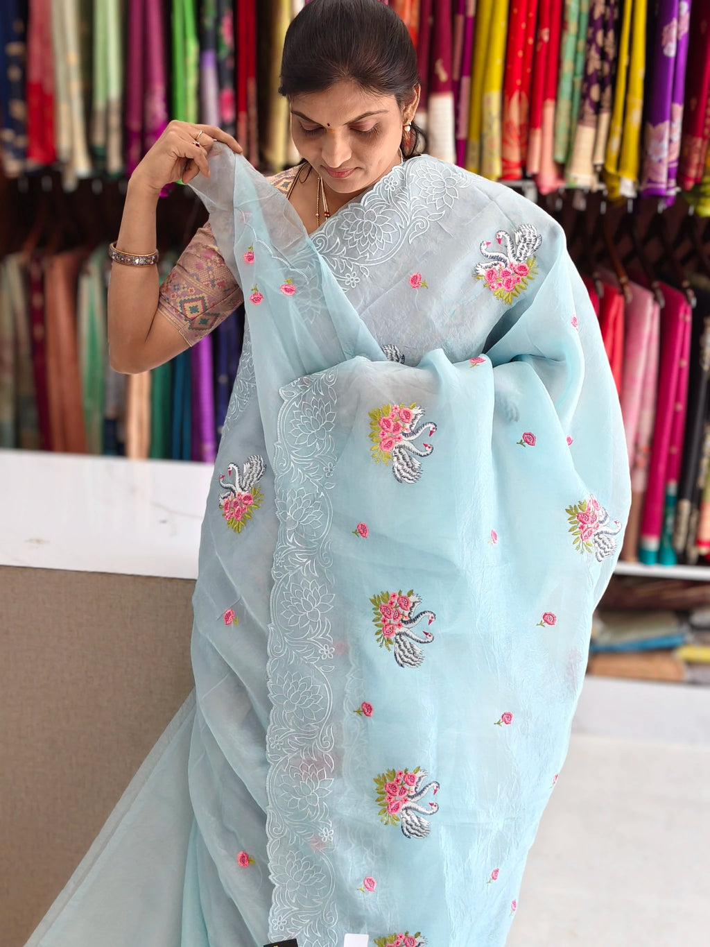 Space silk embroidery design saree