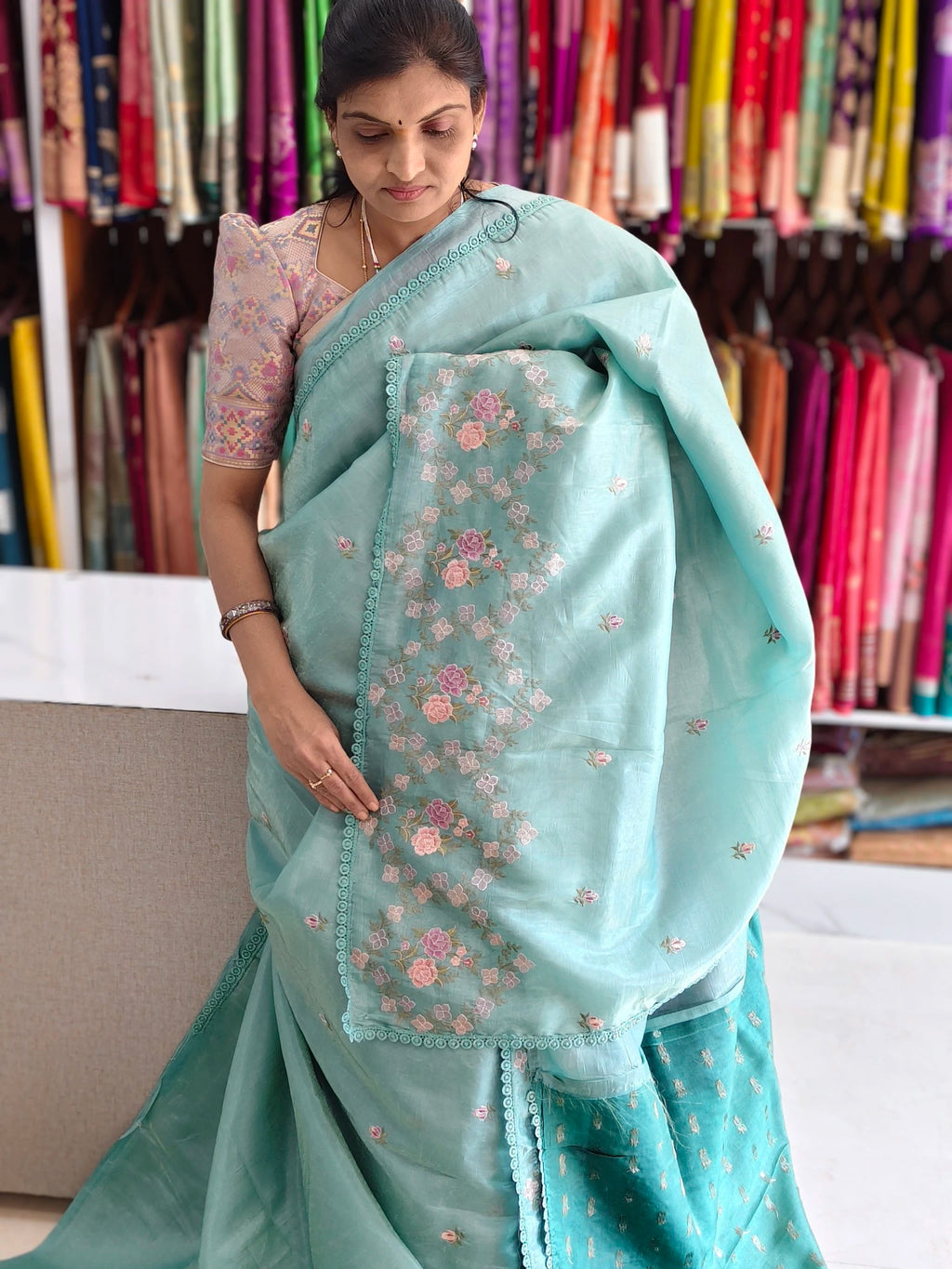 Space silk embroidery design saree