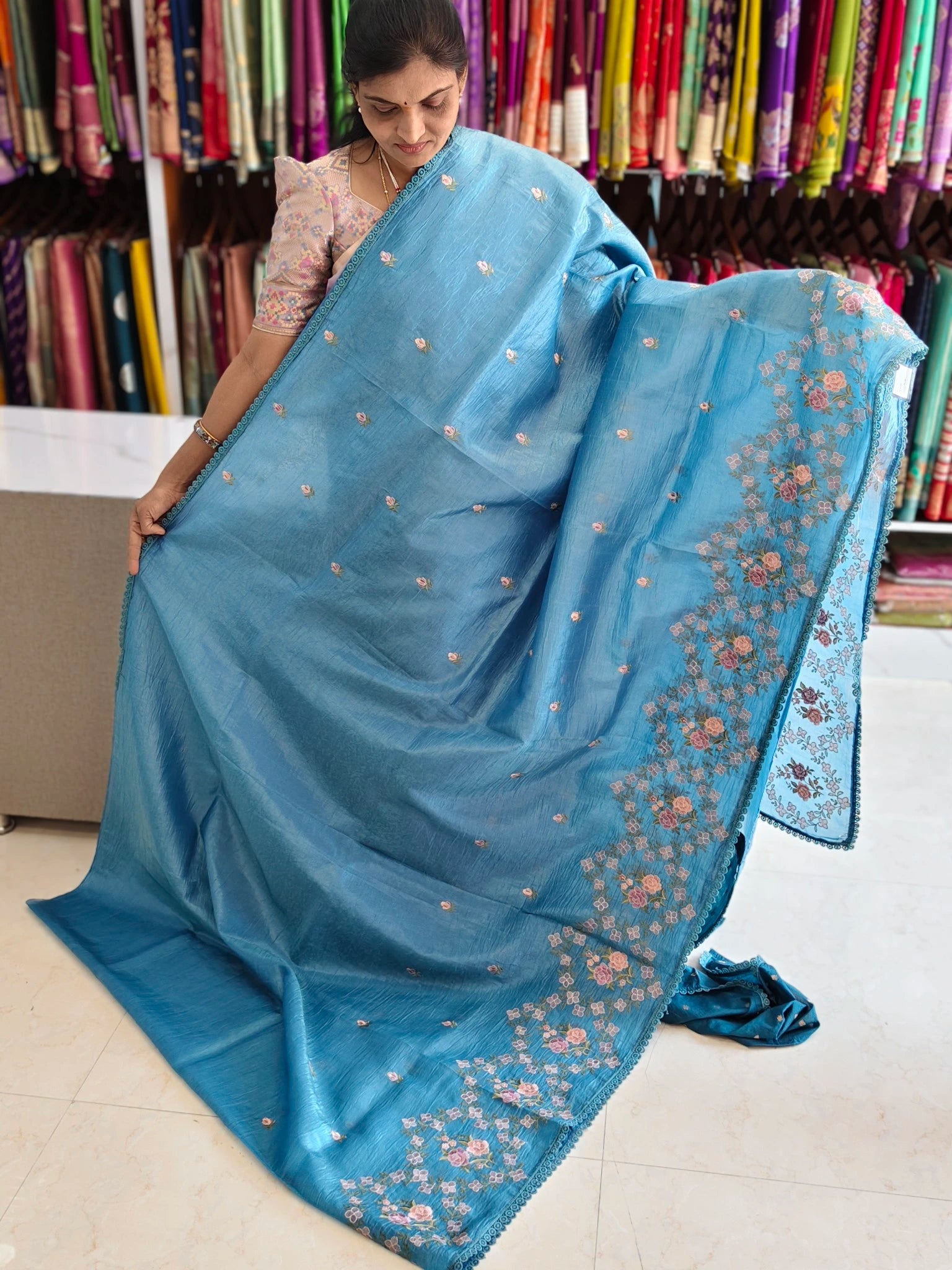 Space silk embroidery design saree