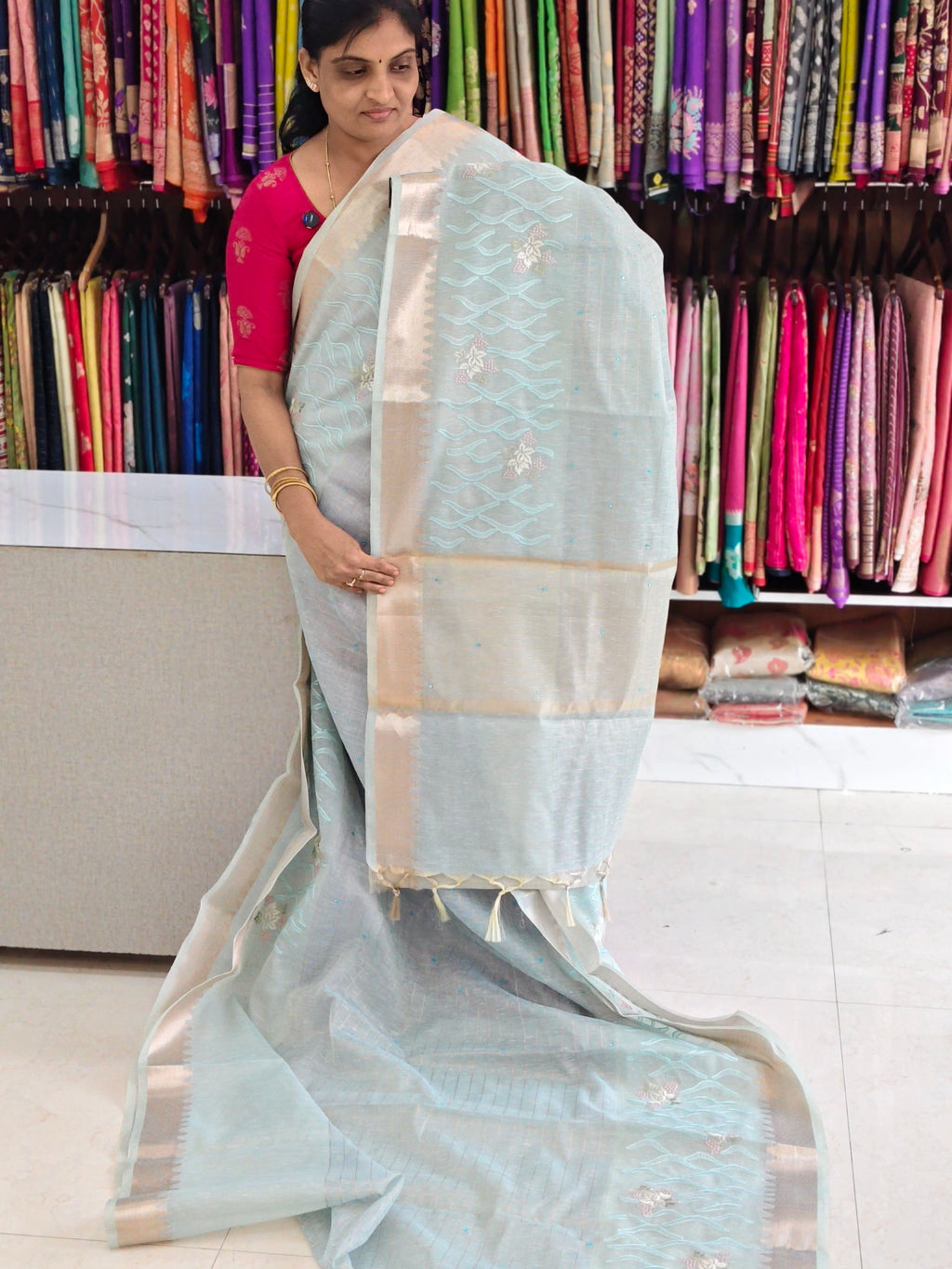 Linen work saree