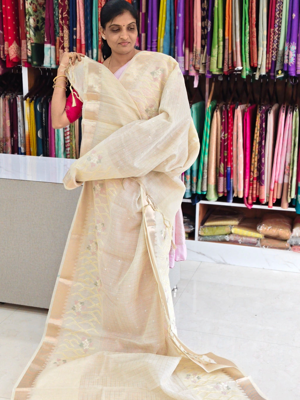 Linen work saree